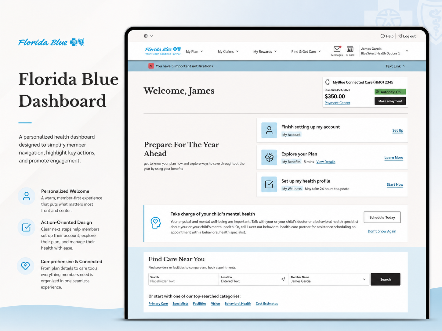 Florida Blue dashboard case-study presentation showing personalized welcome, action-oriented design, and connected member tools