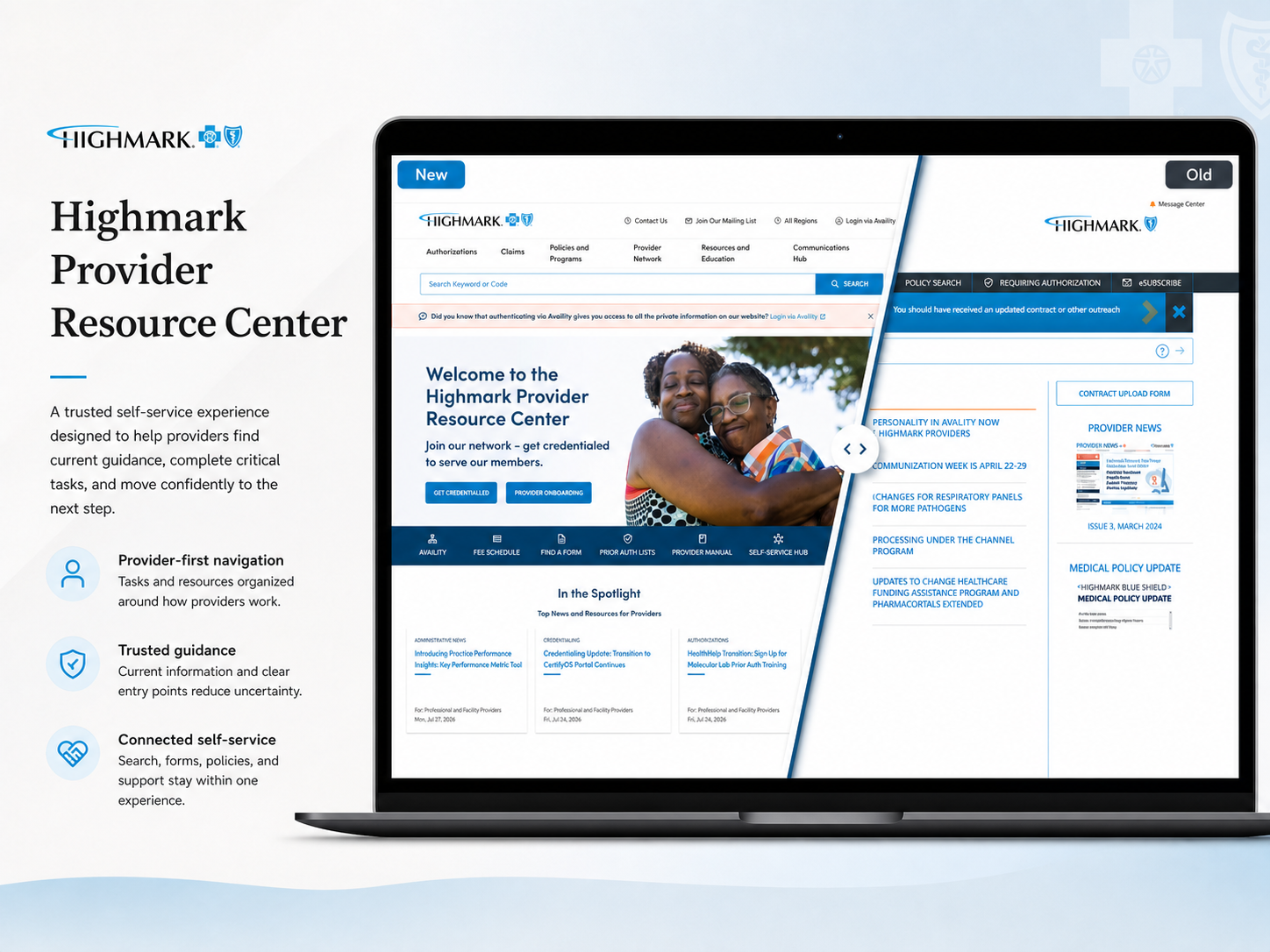 Highmark Provider Resource Center case-study cover comparing the redesigned provider experience with the previous interface